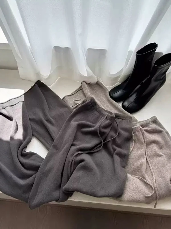 여성용 하이웨이스트 와이드 레그 팬츠 니트 소재 부드럽고 드레이프한 루즈핏 가을 겨울 슬림핏 스트레이트 캐주얼 바지 롱 팬츠