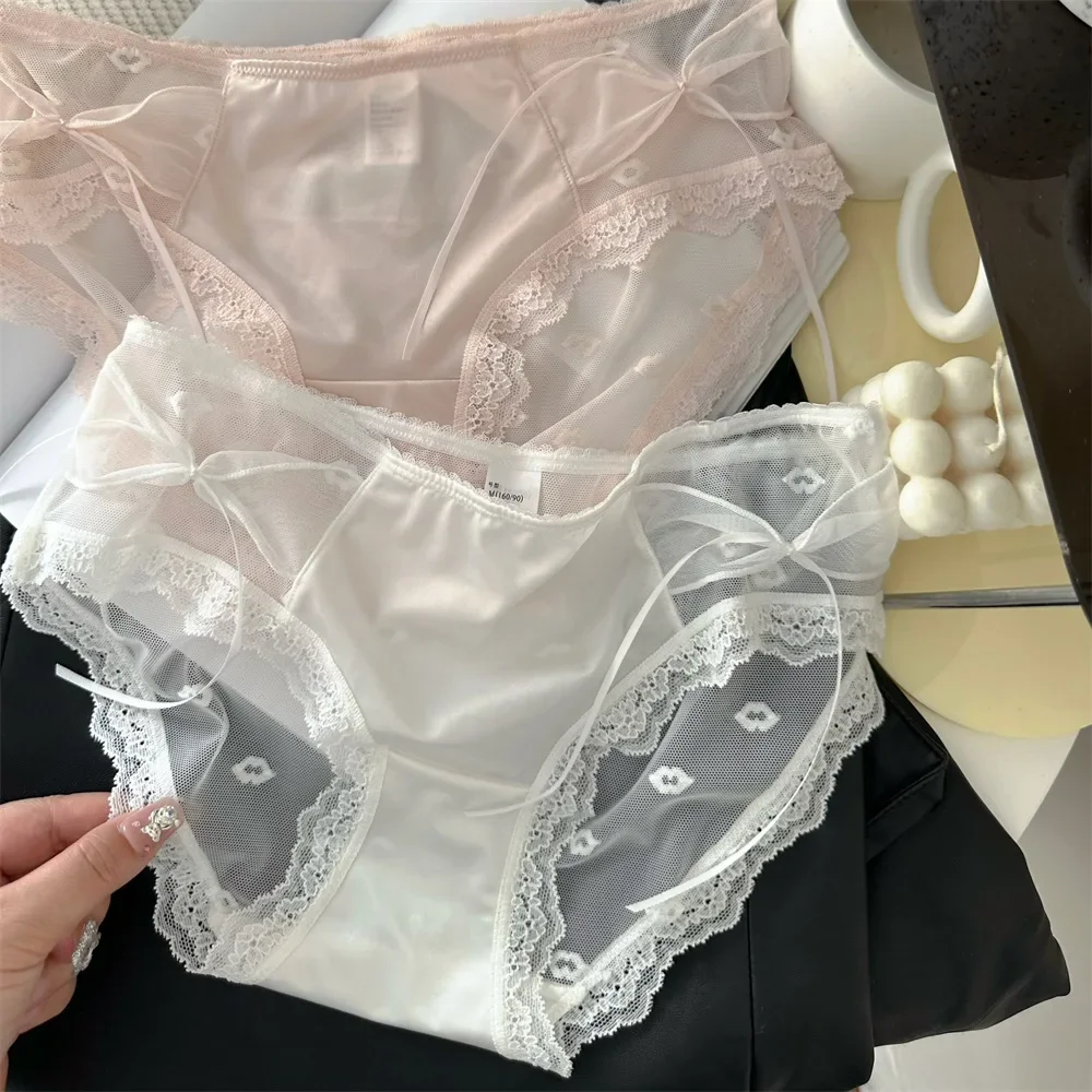 ملابس داخلية نسائية فرنسية فاخرة من الدانتيل الساتان مثيرة جديدة 24 سراويل مثلثة منخفضة الخصر بعقدة على شكل فراشة ملابس داخلية نسائية حلوة جلطة منزلية