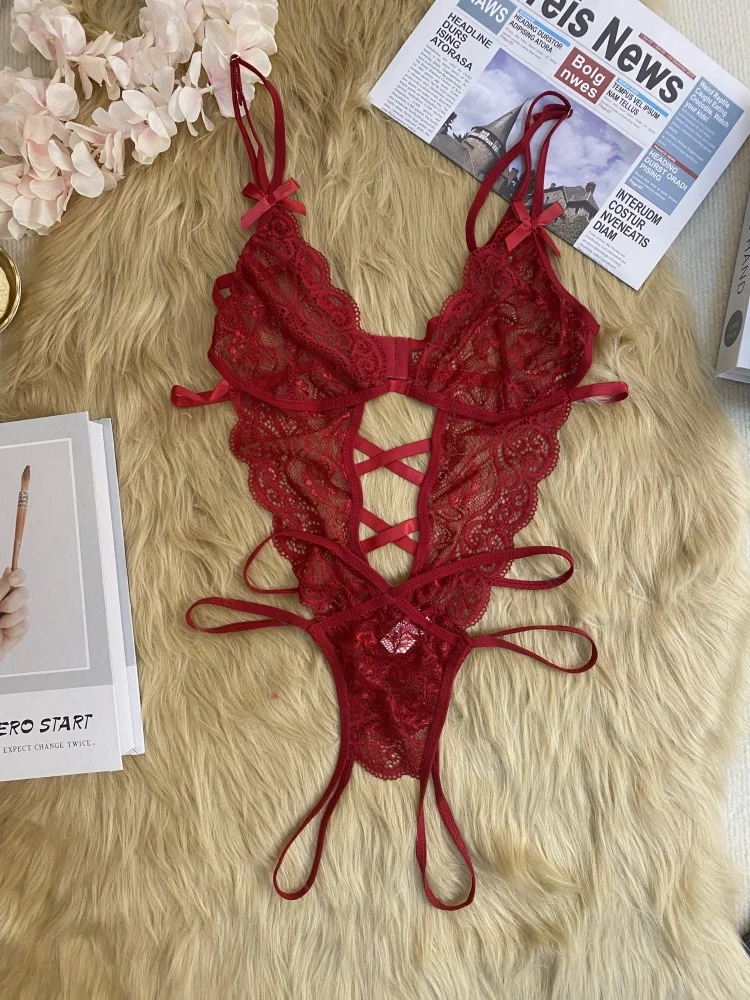 Crotchless Red Sexy Lingerie Women Lace Hollow Bra Set Erotic Costumes Teddy Baby Doll Dress Deep V Open Bra Sexiest Bodysuits