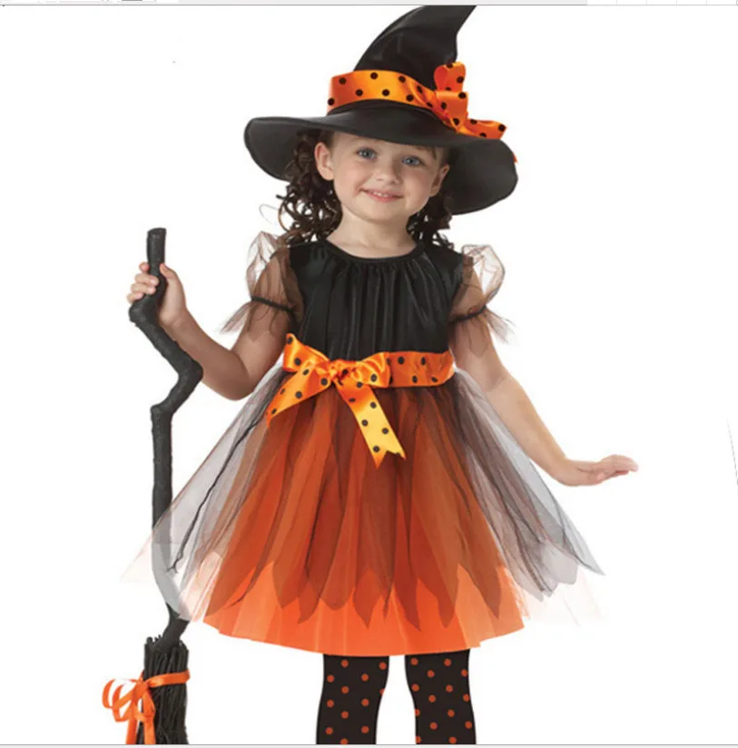 Halloween Costume Children Witch Dress Cosplay Anime Costume Witch Role Play Halloween Pumpkin Dress Set