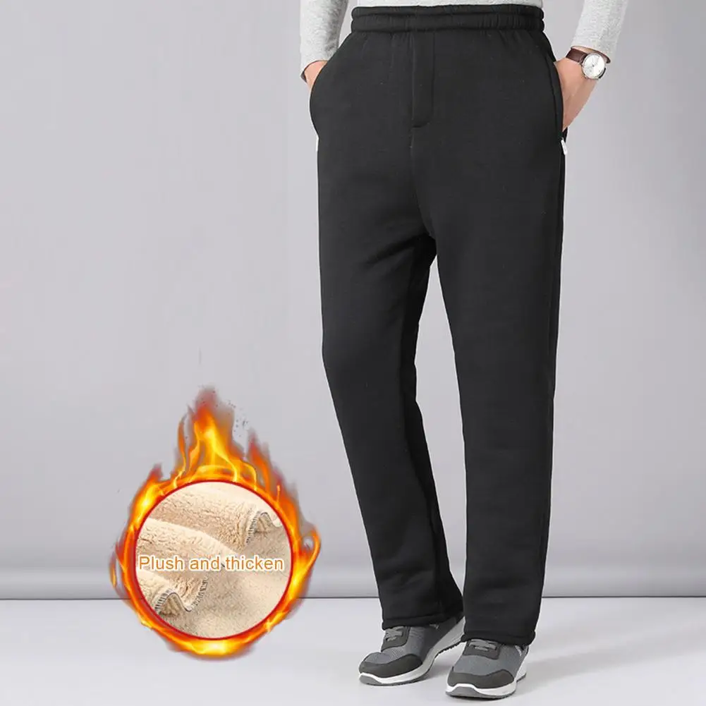 Cold Weather Sweatpants Mid-aged Men's Loose Wide Leg Warm Sweatpants with Plush Lining Plus Size Pockets Wide Leg Winter Pants