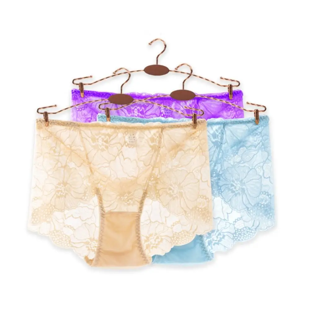 

4PCS Low Waist Lace Flower Panties Mesh Transparent Cotton Crotch Seamless Lace Briefs Ultra-thin Underpants Women Underwear