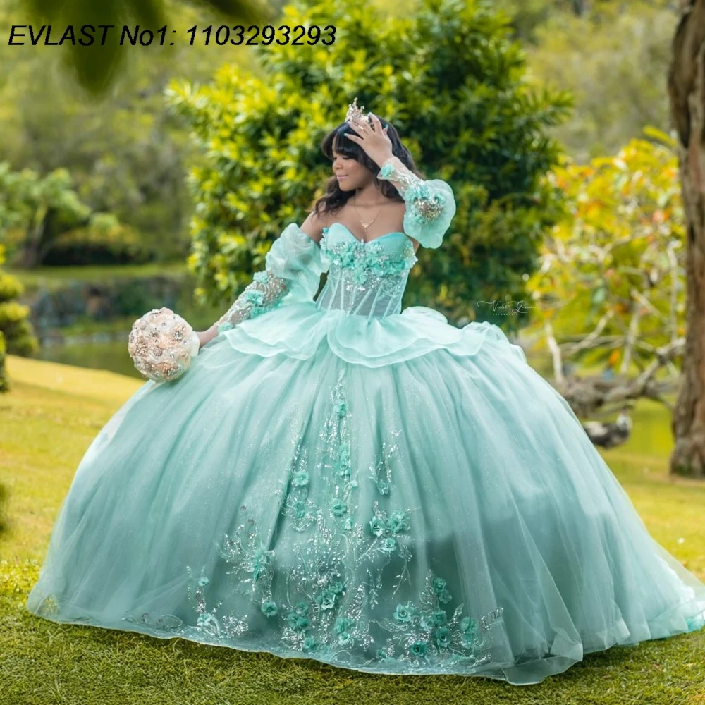 EVLAST блестящее шалфено-зеленое бальное платье на заказ, платье Quinceanera, кружевная аппликация, расшитое бисером, Sweet 16, Vestidos De 15 Anos E1QN294
