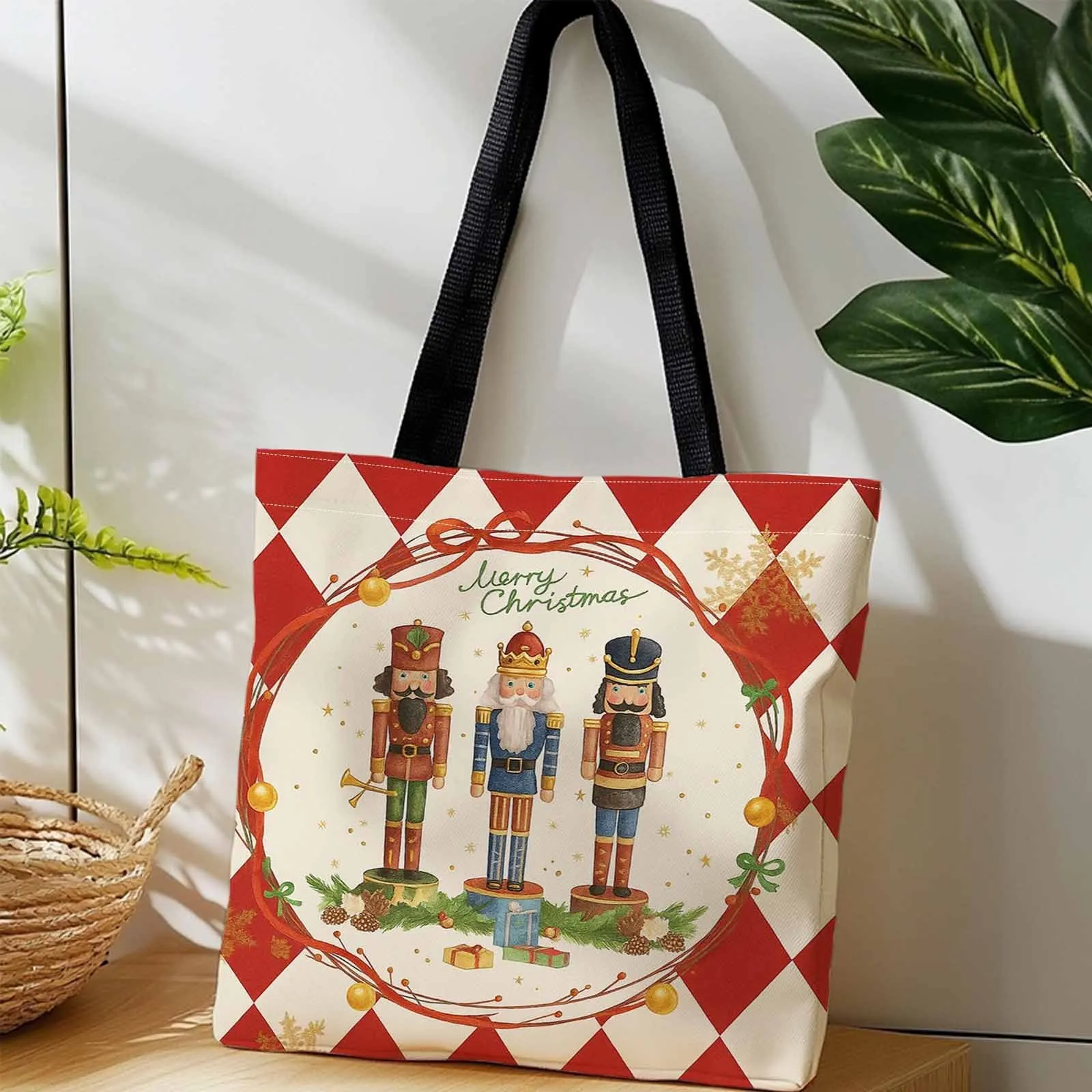 Large Capacity Christmas Nutcracker Tote Bag Durable Polyester with Festive Red hite Checkered Design Machine Washable