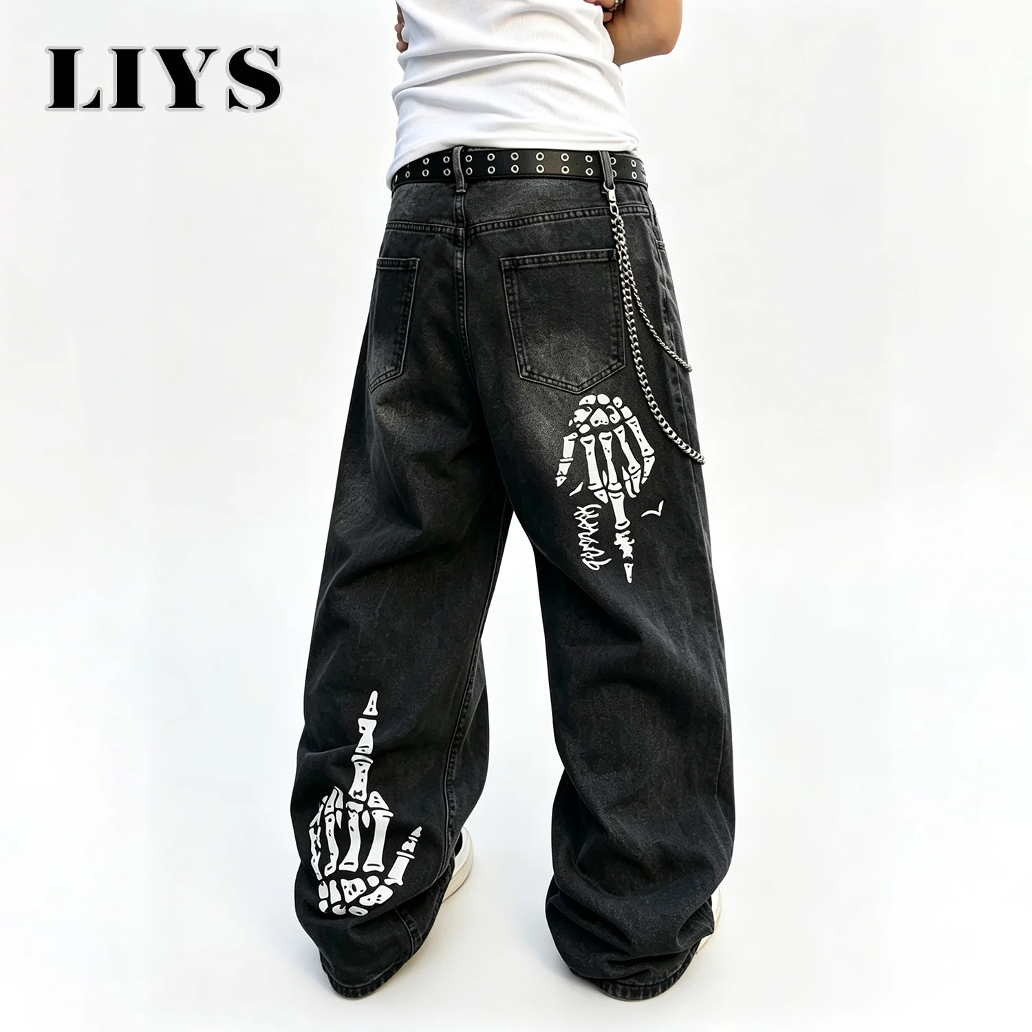 LIYS American Retro Anime Pattern Printed Baggy Men's Jeans Black Street Style Washed Straight Leg Denim Pants Halloween Unisex