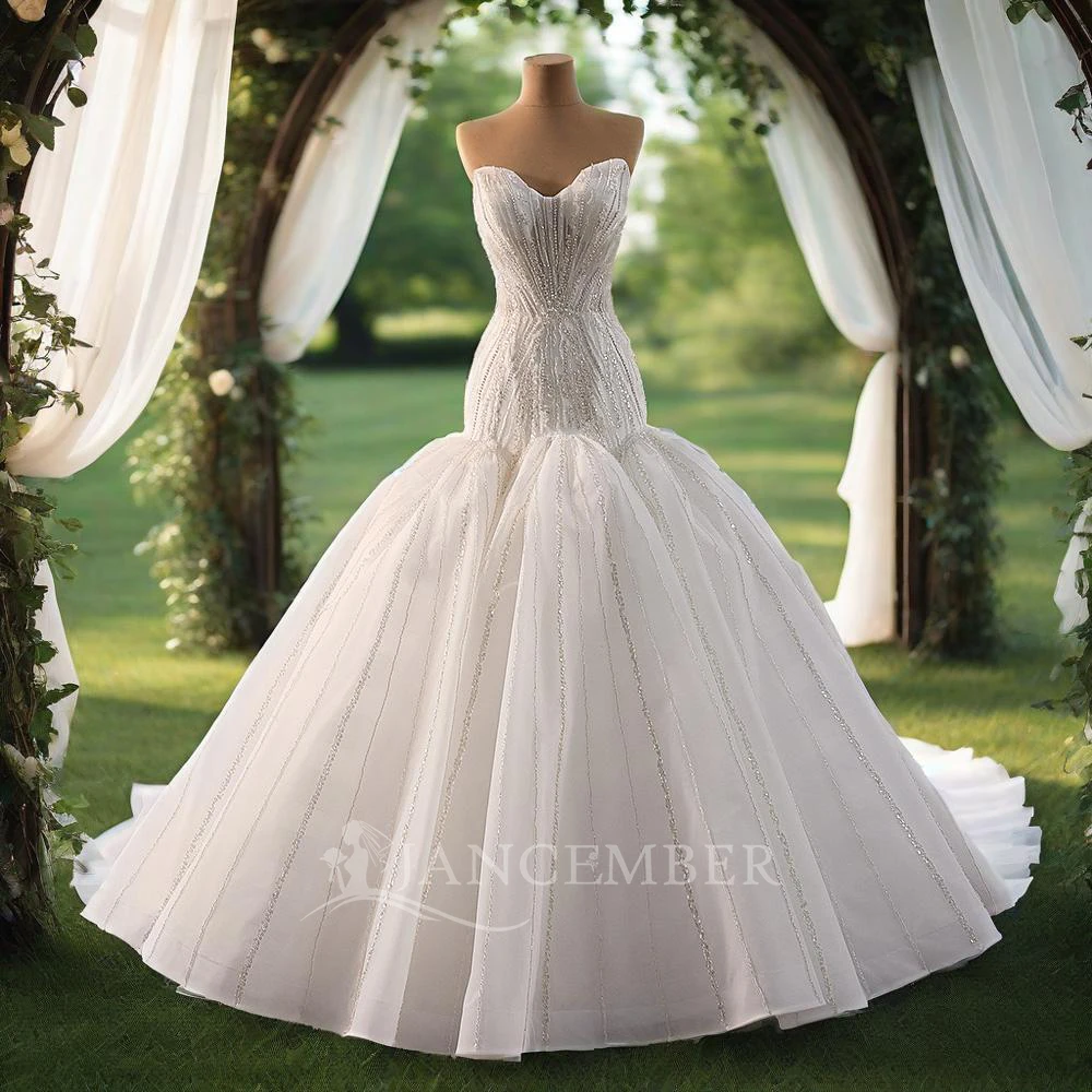 

Jancember Exquisite Wedding Dresses Mermaid Strapless Ruched Sequins Formal Lace Up Beach Party Dresses vestidos novias boda