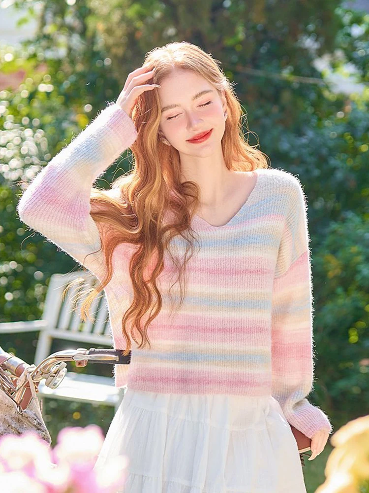 Jmprs Cute Japan Rainbow Sweaters Women Sweet Fashion Knitted Pullovers Casual Preppy Style Long Sleeve Female V Neck Jumper Top