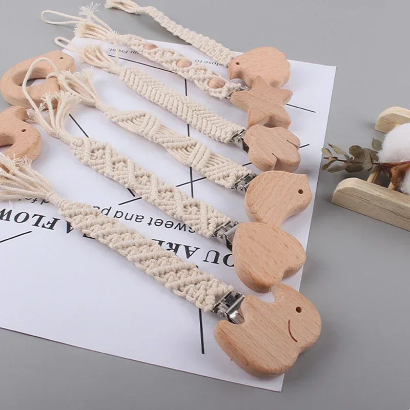 Safety Baby Infant Toddler Dummy Pacifier Soother Nipple Chain Holder Strap Handmade Braided Cotton Rope Wooden Pacifier Clips