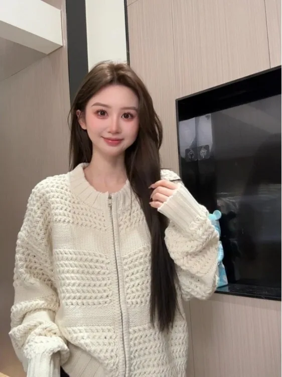 

Laid-ba Sle Zipper Knit Sweater Pure Color Oversized Cardigan Women's Soft Polyester Long Sve round Ne Pullover Coat