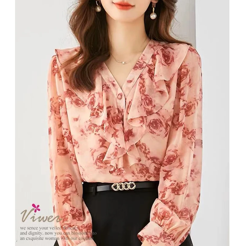 Women Stylish Floral Print Ruffles Chiffon Blouses Office Lady Elegant Chic Commute Shirts Casual V Neck Long Sleeve Loose Tops