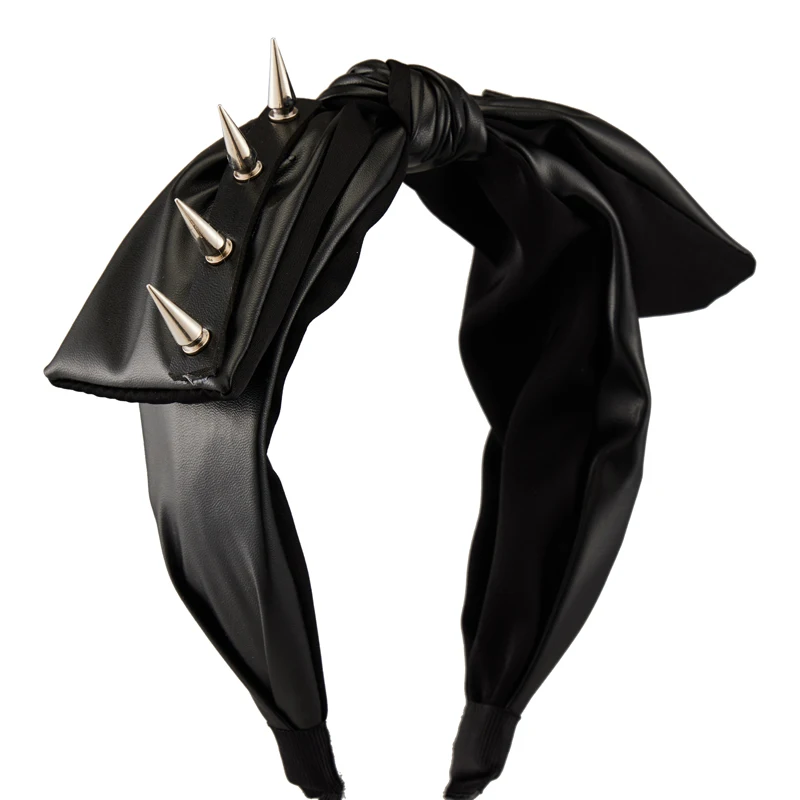 Diadema de cuero PU con lazo para niña, diadema gótica Lolita con remaches, hebilla, Aro para el pelo, fiesta de Cosplay, Punk, Harajuku