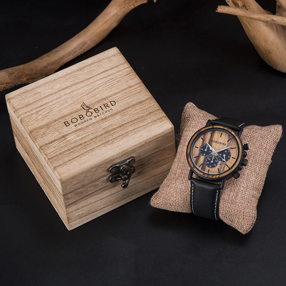 BOBO BIRD Wooden Watch Men Watches Timepieces Personality Creative Quartz Wristwatch 3-eye Men\'s Functional Watch Dropshipping