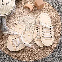 Wooden Lacing Shoe Toy Learn to Tie Laces Creative Threading Toys Practice Tying Shoelaces Boards Educational Montessori Toys