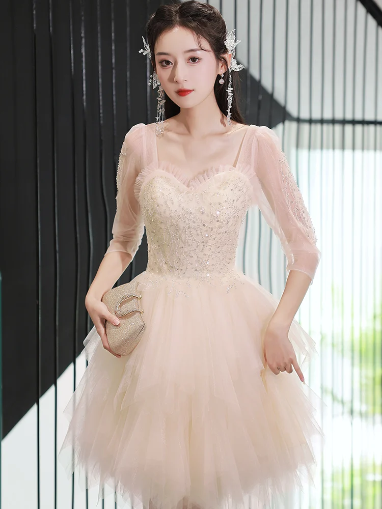 

Champagne Color adient Dr Ele Simple Sle Bead Embellied mid Waist ort Skirt Wedding Anniversary Par