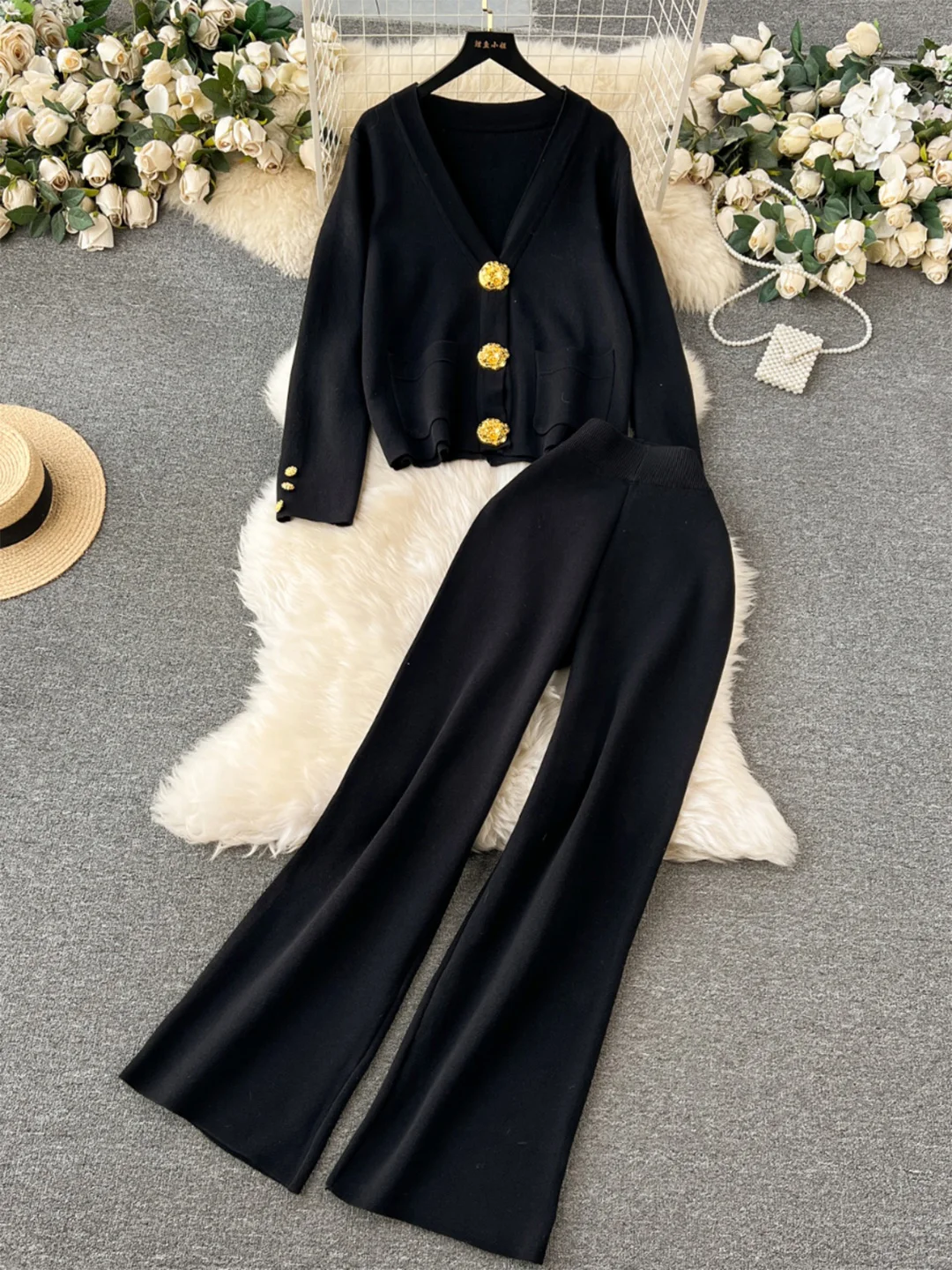 Croysier Elegant Casual Knit Two Piece Set Women Winter Clothes 2024 Golden Single Breasted Cardigan And High Waist Pants Sets