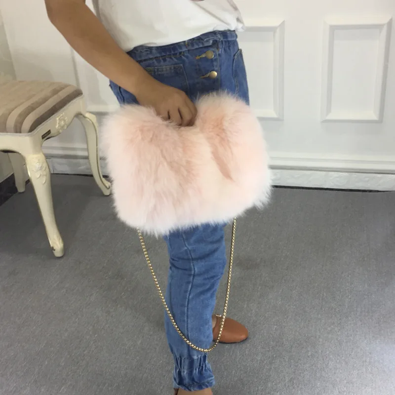 Winter Fox Fur Bag With Chain Natural Fox Fur Shoulder Bags For Women Luxury Fur Handbag Large Clutch Bag Female Winter Hand Bag