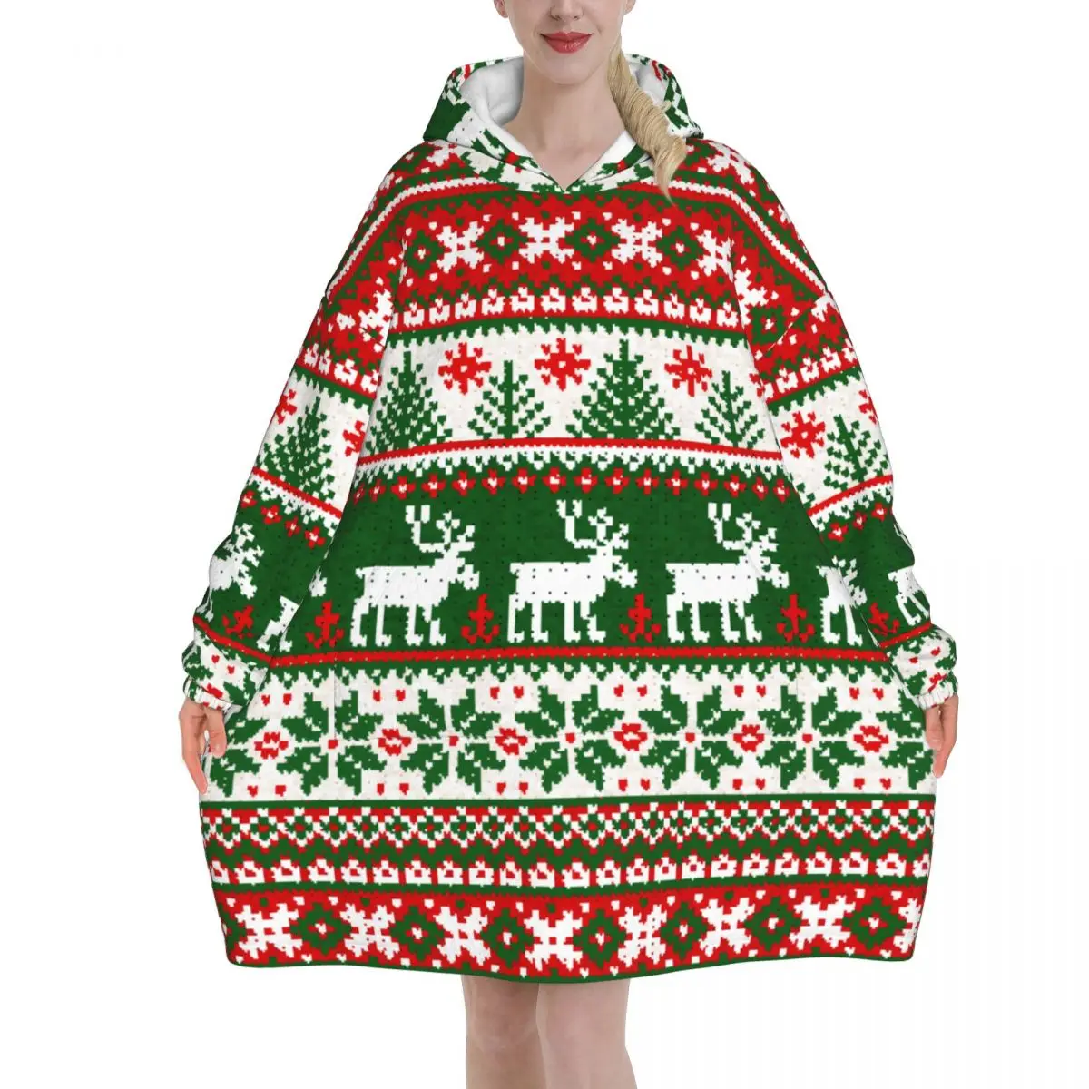 

Ugly Sweater Merry Christmas Oversized Blanket Hoodie Sweatshirt Happy New Year Folk Xmas Reindeer Wearable Blanket for Women