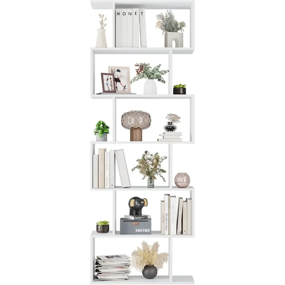 6 Tier Bookcase, S-Shaped White Bookshelf,Tall Bookcase Freestanding Display Shelf For Bedroom