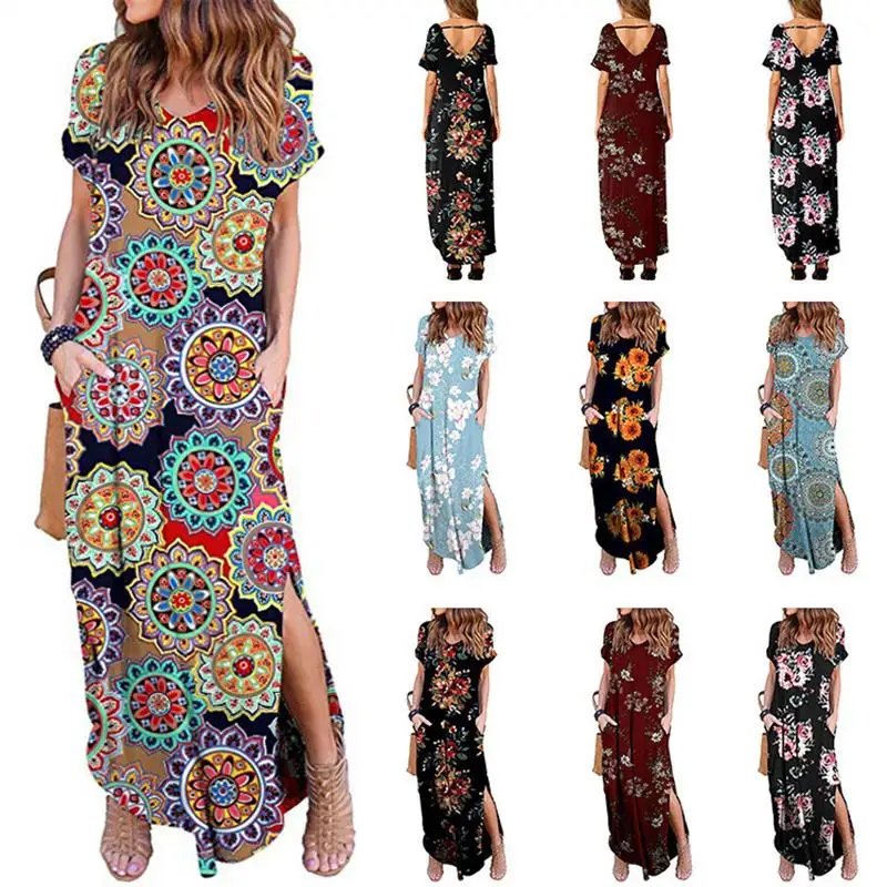  Popular Printed Casual Knitted Short Sleeve V-Neck Dress Women's T-Shirt Dress Comfortable Breathable Multi-Color Options