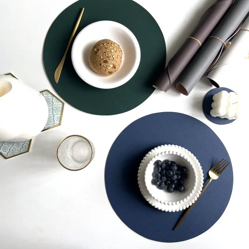 1/6/10 Sets Round PU Leather Placemats & Coaster Set Oil-Proof Waterproof Insulation Mat for Kitchen Coffee Shop Christmas Decor