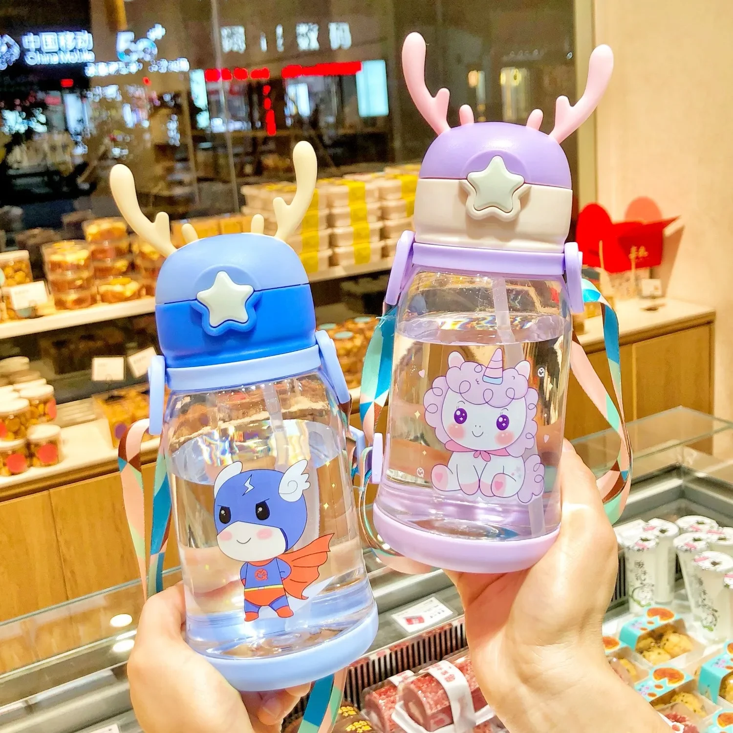 Children's Straw Water Cup Cartoon Antler Plastic Cup Student Carrier Kettle Baby Large Capacity Straw Cup