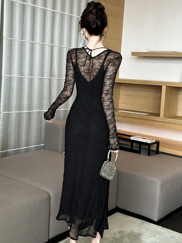 Damska Odzież Czarna Koronka Prześwitująca Seksowna Sukienka z Dekoltem O-Neck Obcisła Długa Elegancka Modna Wieczorowa na Imprezę Bal Vestido Robe Codzienna Nowa Elastyczna
