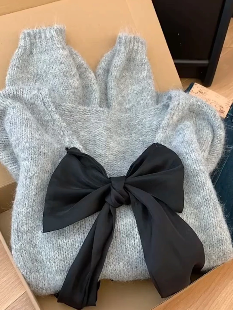 

Мягкий свитер с v-образным вырезом и галстуком-бабочкой для девочек, свободный вязаный зимний модный французский теплый длинный теплый женский топ све