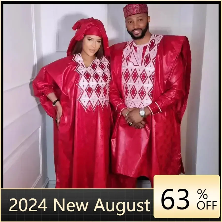 Elegant African Dresses for Women Traditional Bazin Embroidery Wedding Party Dresses Dashiki African Couples Matching Clothes