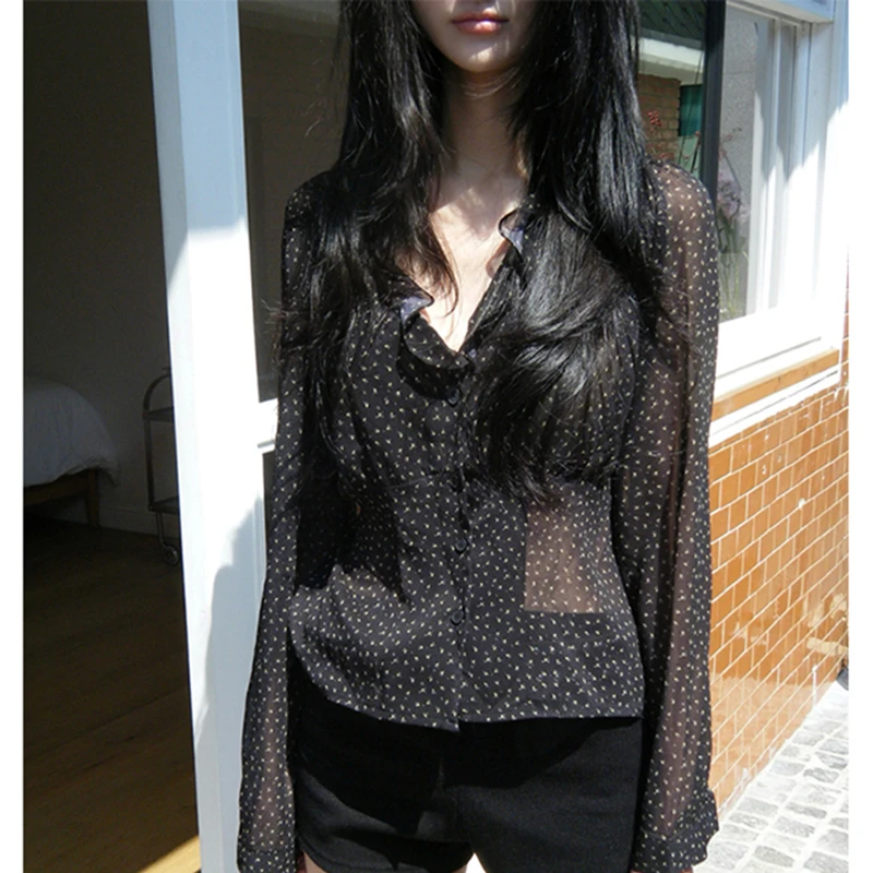 

MEXZT винтажные прозрачные рубашки с цветочным принтом, женские японские блузки в стиле Харадзюку с v-образным вырезом и повязками, летние корейские топы с длинными рукавами и принтом, новые топы