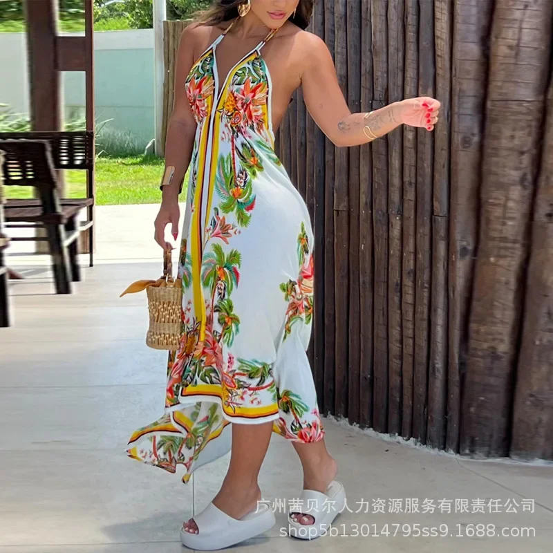 Vestido asimétrico con espalda descubierta y estampado de cocotero Tropical para mujer, vestido de moda de cintura alta sin mangas con cuello en V, Floral