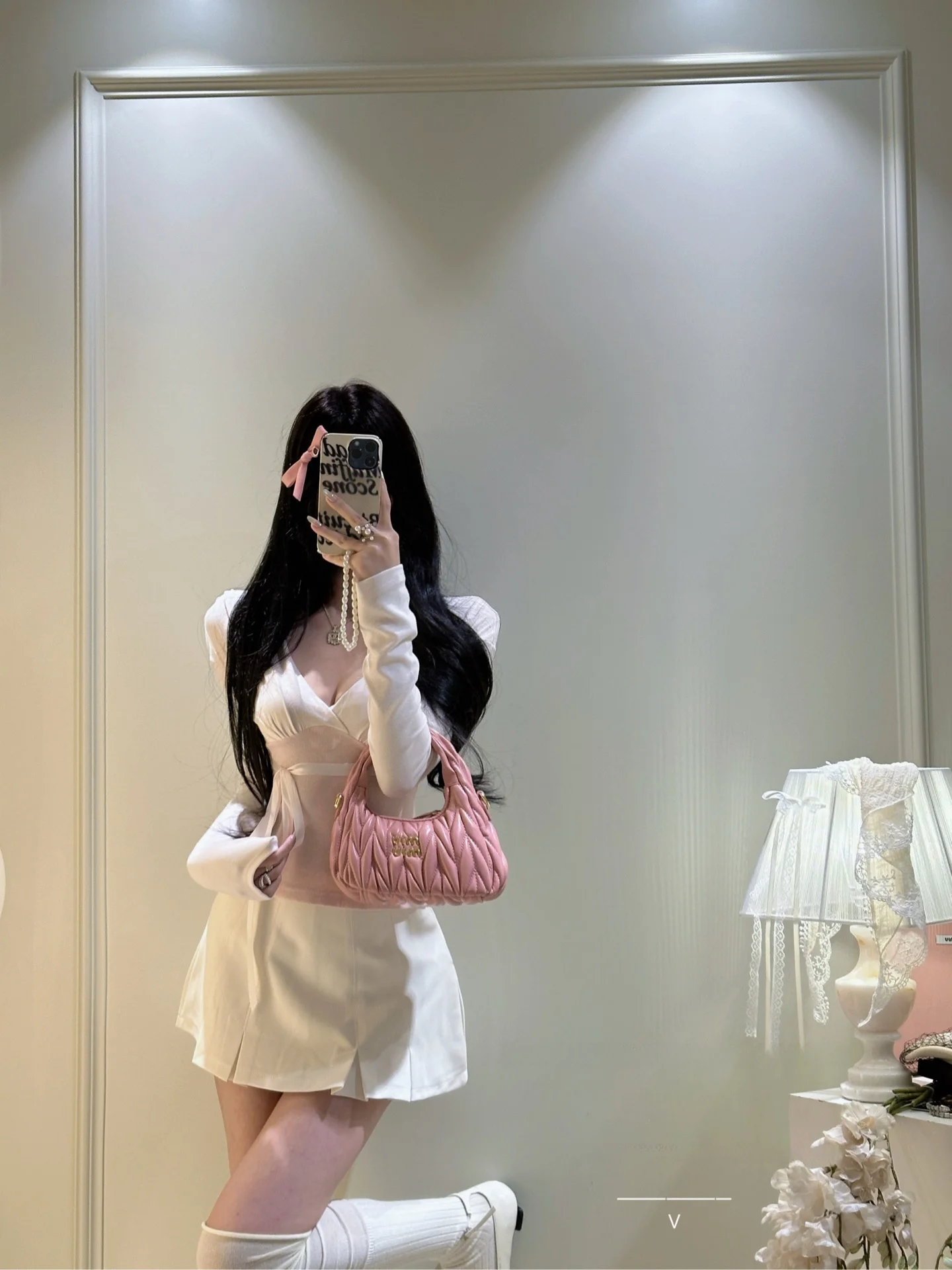 

a V-Ne Top with Gentle Knot Soft Girl Aosphere Faionable Slim Fit Women's Long Sve round Ne irt