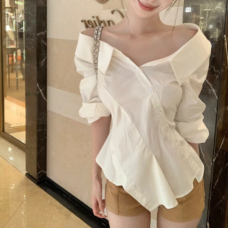 

Deeptown White Asymmetrical Off Shoulder Women Shirts Long Sleeve Irregular Korean Fashion Sunscreen Blouses Slim Office Lady