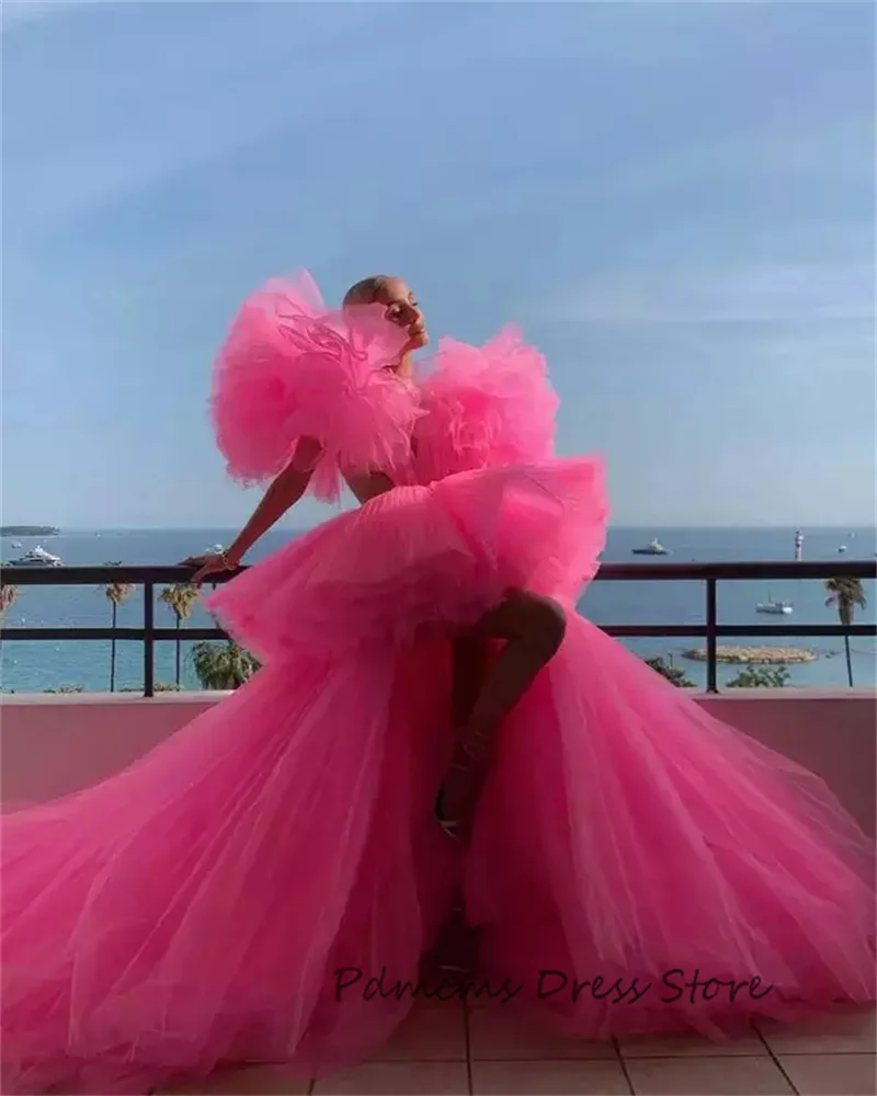 PDMCMS Deep V Neck Pink Prom Dresses High Low Backless Sexy Pageant Dress Tiered Tulle Long Formal Evening Special Party Gowns