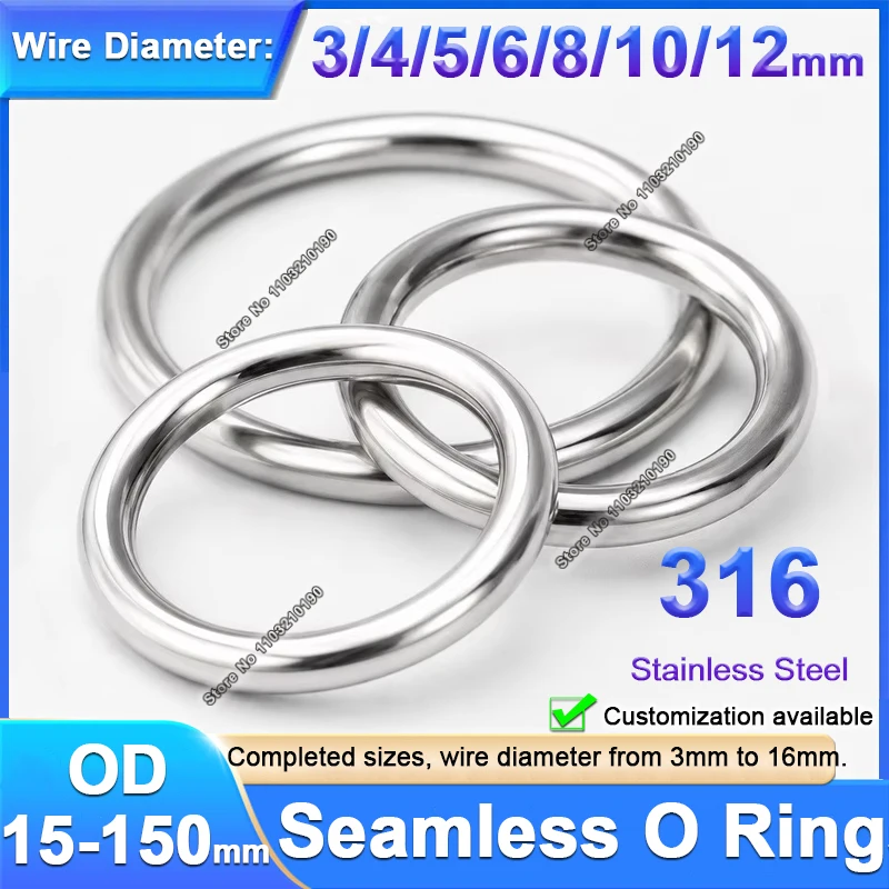 316 Stainless Steel Solid Seamless O Ring OD 15-150mm Smooth Circle Round Ring For Rigging Hammock Yoga Hanging 3-12mm Thickness