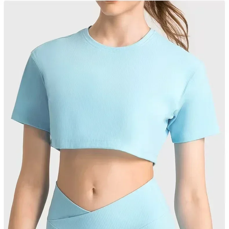 

Lemon Women Clothing Yoga Sport Shirts Ribbed Fabric Outdoor Jogging T-Shirts Sportswear Women'S Gym Clothing Short Sleeve Top