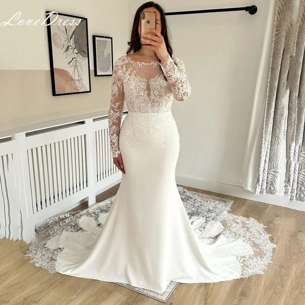 Lovedress O Hals Zeemeermin Trouwjurk Voor Vrouwen Rugloze Kanten Appliques Bruidsjurken Lange Mouwen Met Knoop Vestido De Noiva