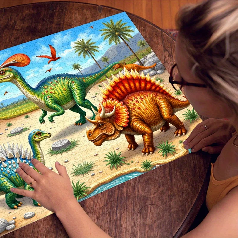 500/1000pcs Paper Jigsaw Puzzle - Cartoon Dinosaur Tropical Jungle Theme, Large Puzzle Toy for Adults, Family Interactive Game