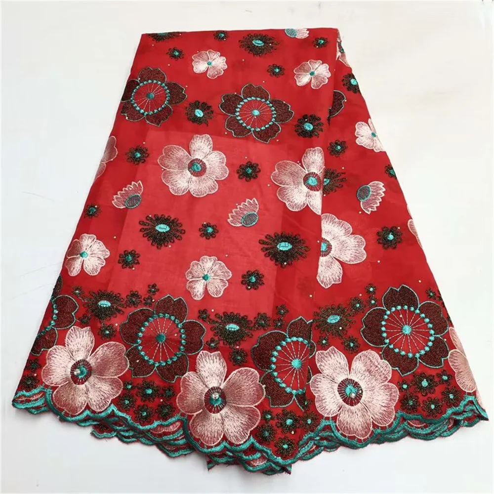 Latest African Cotton Lace Fabric Red Swiss Voile Cloth Nigerian Embroidery Material Tissu Dentelle Coton Dubai Suisse LC6