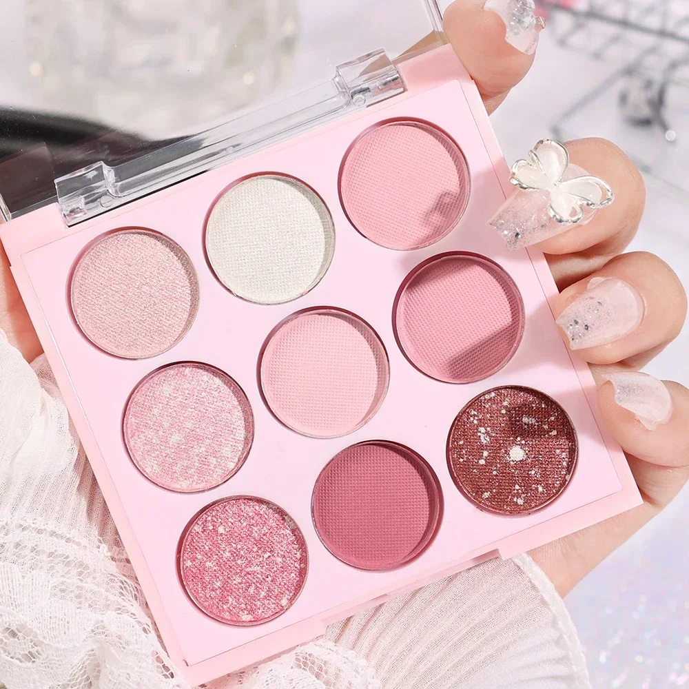 Glitter Rose Pink Purple Eye Shadow Palette 9-Color Shiny Pearlescent Matte Acrylic Long Lasting Eyeshadow Korean Makeup Pigment