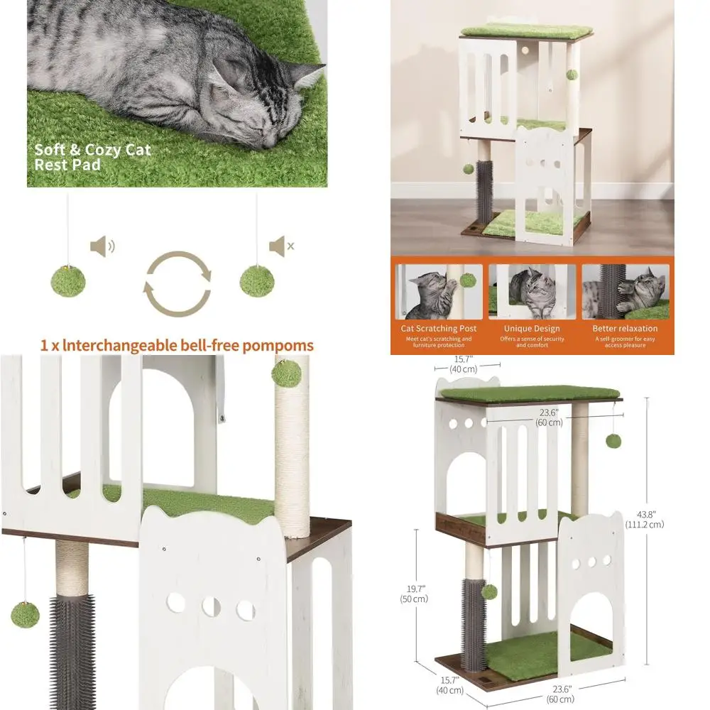 

3-Tier Modern Cat Tree Tower Condo, 43.7in Tall, with Big Plate and Two 19.7in Sisal Scratching Posts, White