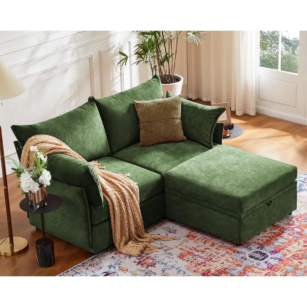 

Luxury Modular Sectional Sofa, L-Shaped 3-Seat Couch with Storage Ottoman Deep Seat & Reversible Chaise Lounge Chenille Green fo