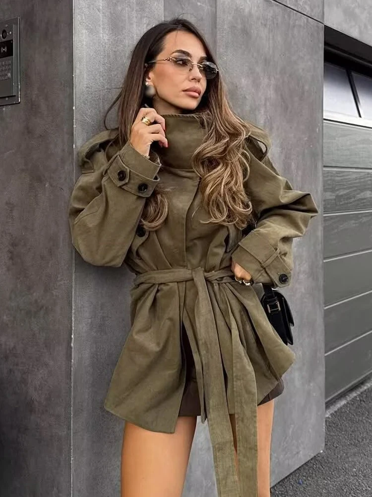 

HH Осенние женские свободные повседневные куртки в уличном стиле 2025 Модные женские элегантные пальто с длинными рукавами и высоким воротом и карманами на пуговицах