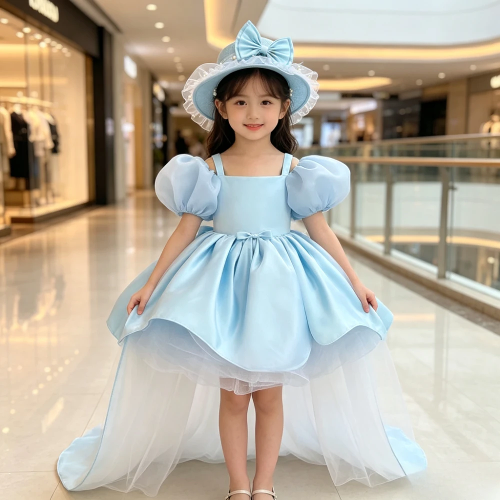 Flower Girl Dress One-Year-Old Ceremony Dress Princess Dress Puff Sleeves For Little & Medium Kids Satin  Puffy Skirt New Style