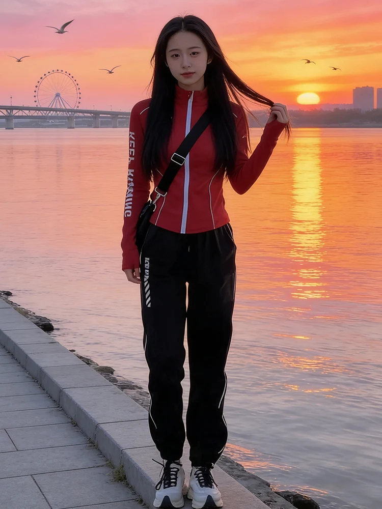 

Faionable Sportswear Set for Women Spring Autumn Outdoor Fitn Running Zipper Jaet Sweatpants Two Piece Set High Waist ...