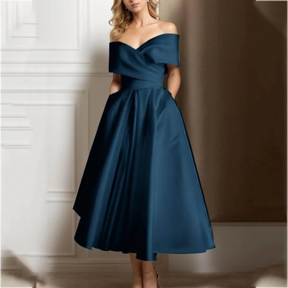 

Простое стильное женское платье для выпускного вечера из атласа с открытыми плечами, милое бальное платье длиной до щиколотки, высокое качество, вечернее платье