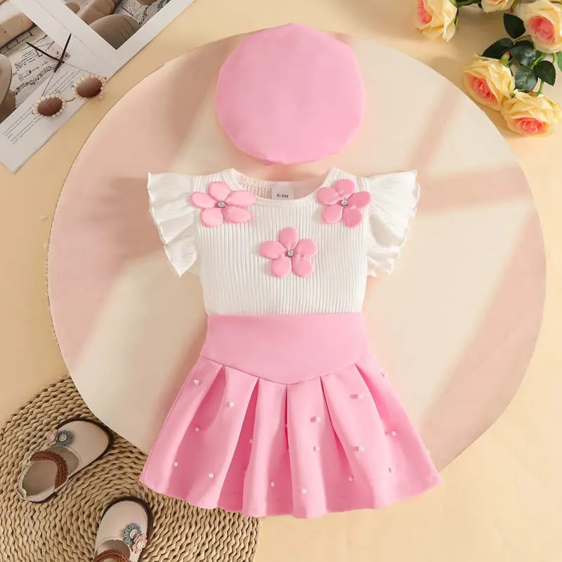 Abbigliamento per Bambine 1-3 Anni, Set Estivo alla Moda con Top a Maniche Svasate, Gonna e Cappello, Completo 3 Pezzi per Bambina