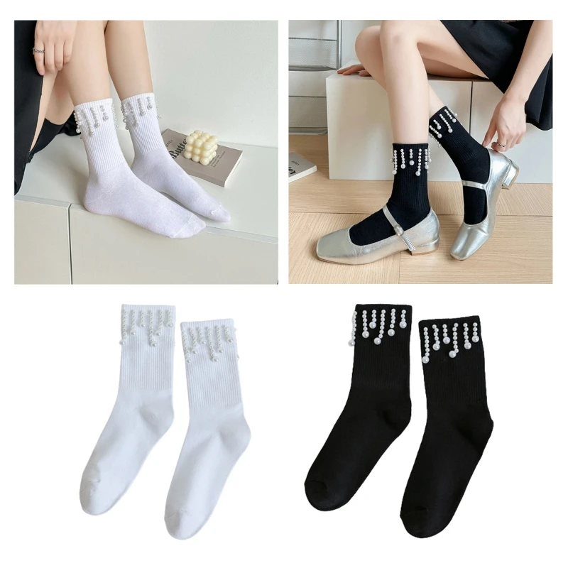 Women Pearl Tassels Ankle Socks Cotton Socks Loose Socks Sweet Calf Socks M6CD