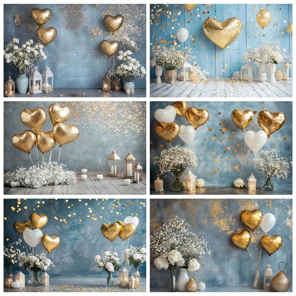 

Valentine's Day Blue Gold Heart Photography Background Children Adult Birthday Party Portrait Decoration Background Photo Studio