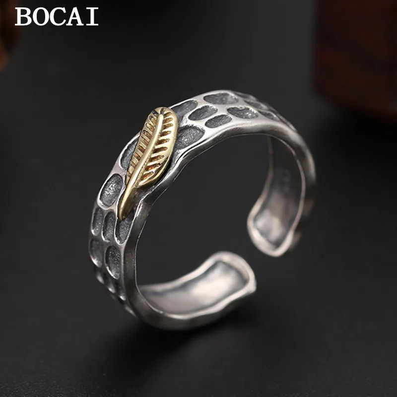 

BOCAI S925 Pure Silver Retro Personality Feather Open Ring