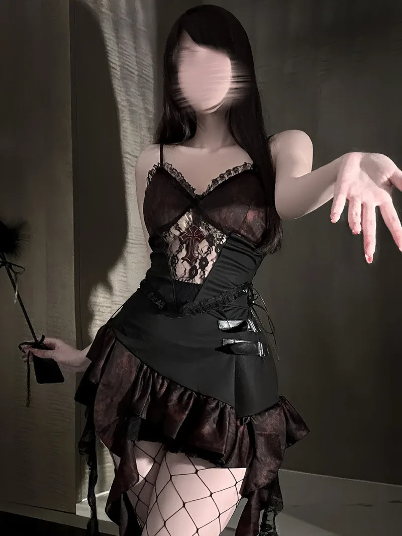 

Платье Pure Desire в игривом стиле 2025 года, элегантное черно-красное короткое платье с кружевной ремешком для женщин, элегантное платье с кружевной отделкой, 2 BLK